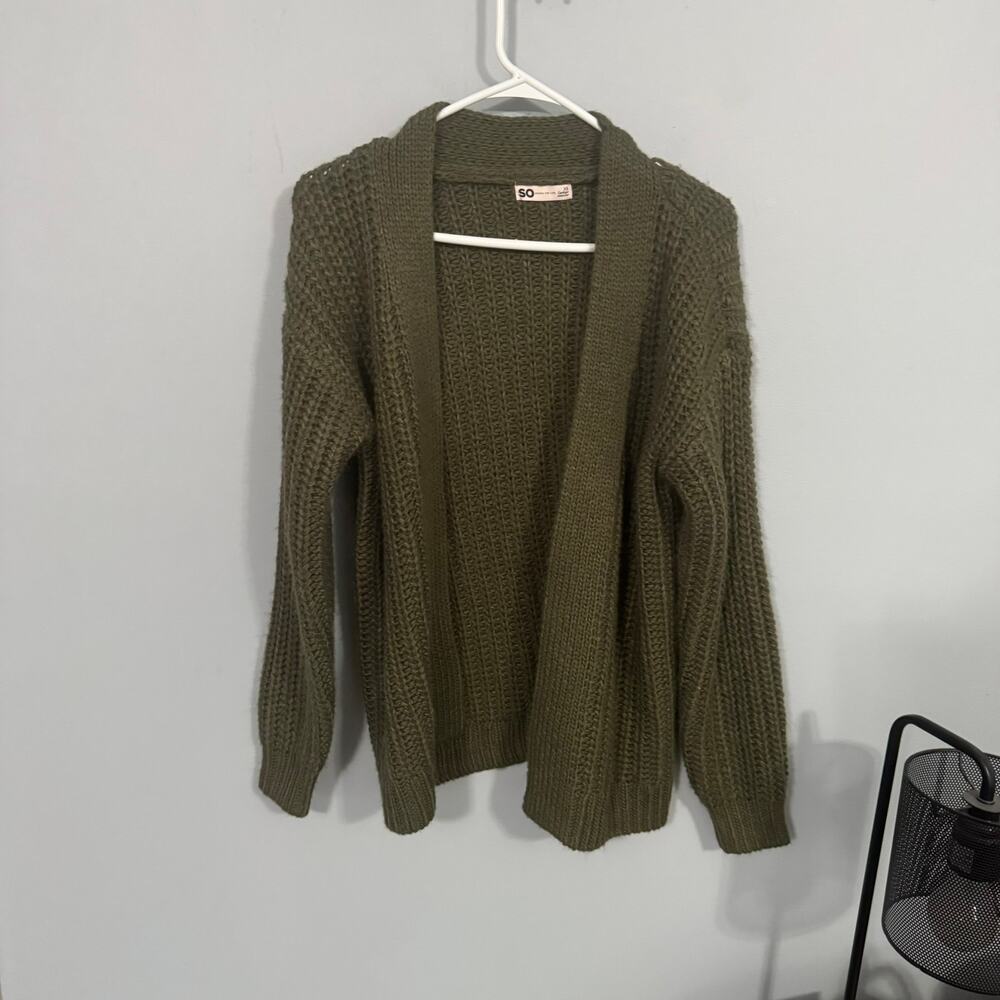 SO Military Green Chunky Knit Cardigan Sweater Women's Size XS Open Front Olive